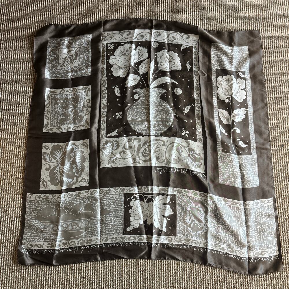🌿 Vintage Botanical Patchwork Square Scarf | Dark Brown & White